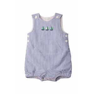 Baby Seersucker Shortall Blue White Sailboat Embroidered 6M